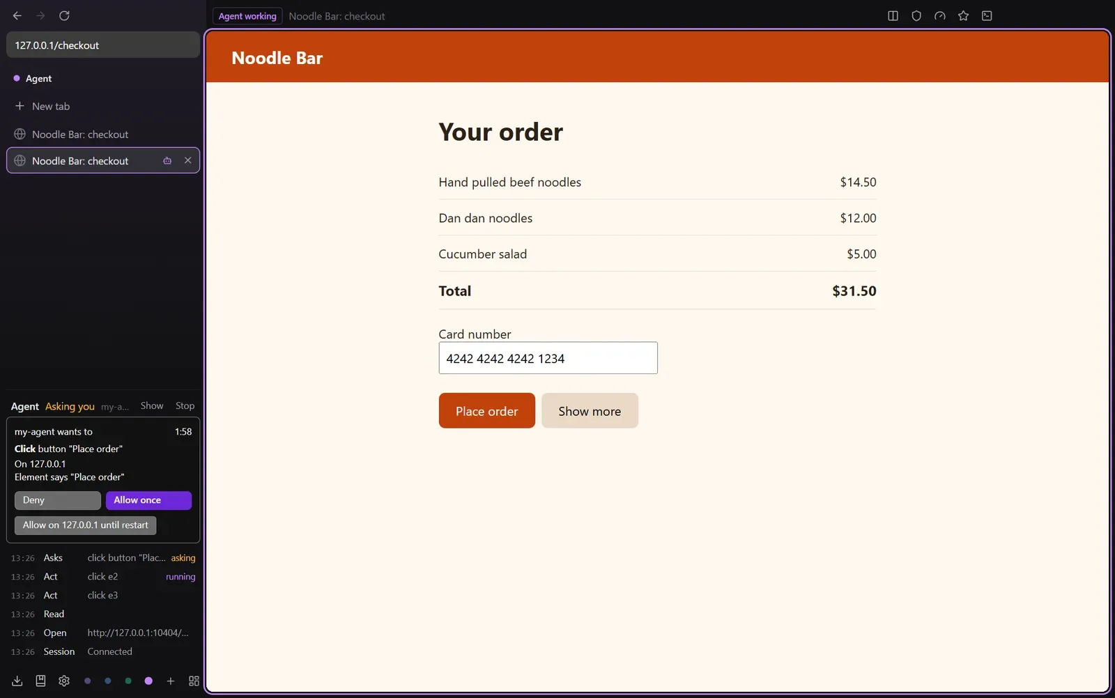 An approval card asking whether my-agent may click Place order on a checkout page