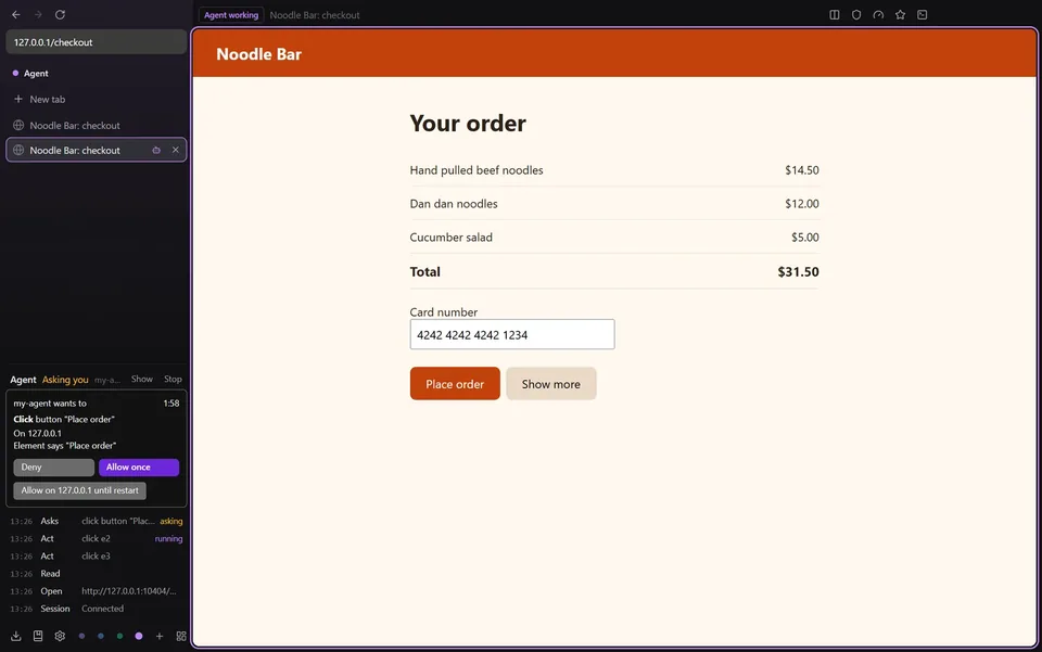 An approval card asking whether my-agent may click Place order on a checkout page