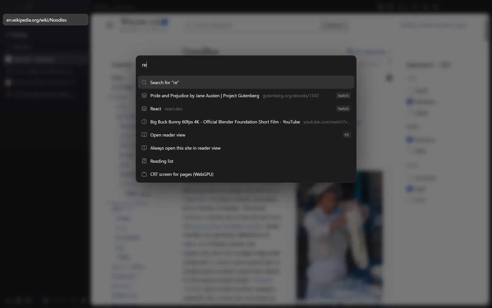 The command palette showing open tabs, history and reader commands