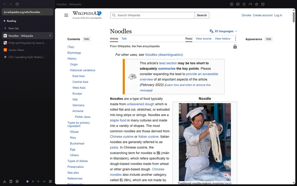 Noodle with the Reading space open on a Wikipedia article