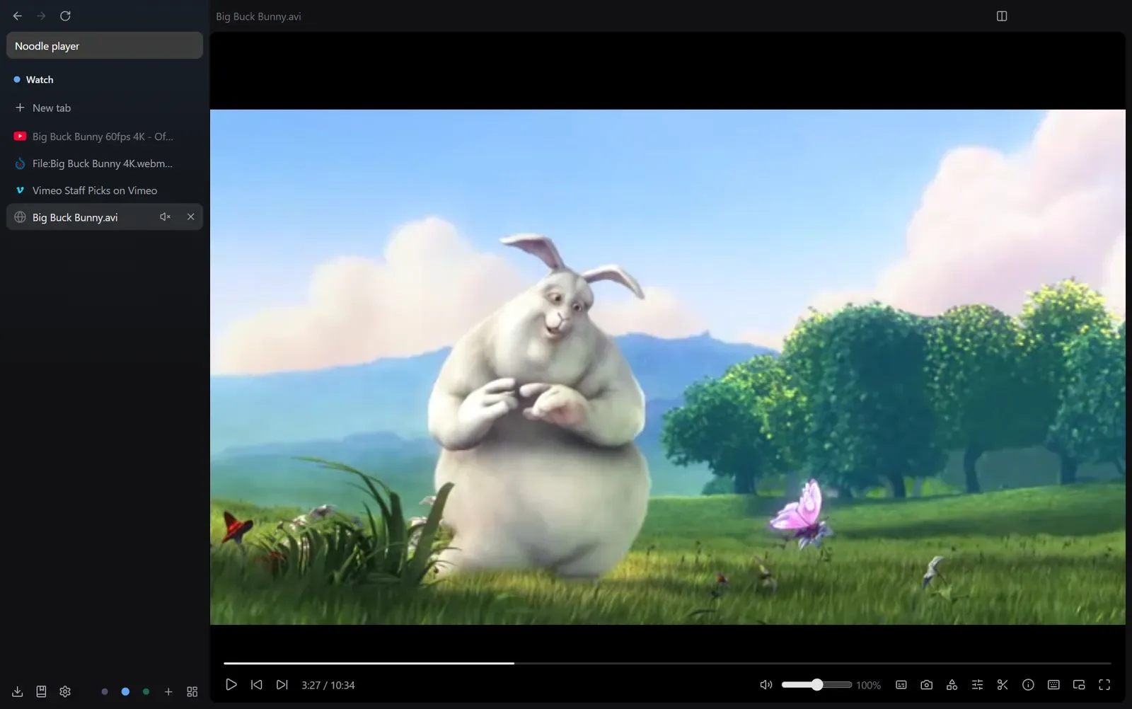 Big Buck Bunny playing from an AVI file in the Noodle player
