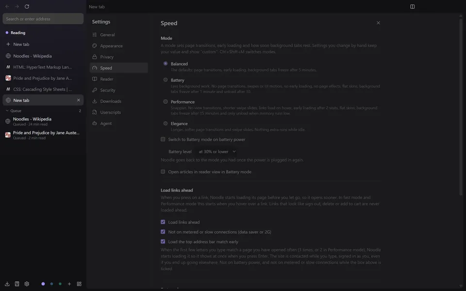 Settings, Speed, with the four modes