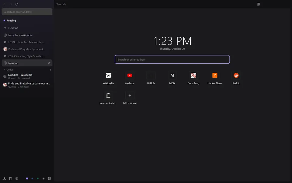 The new tab page with a clock and eight site shortcuts
