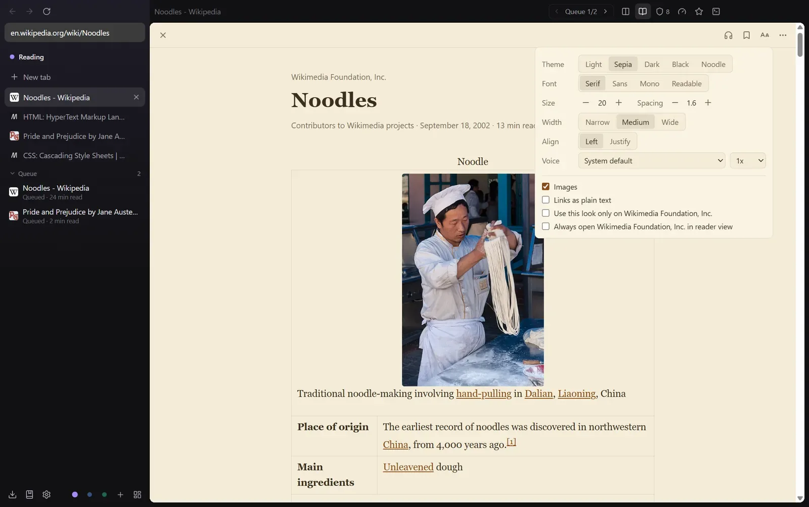Reader view in the Sepia theme with the look panel open