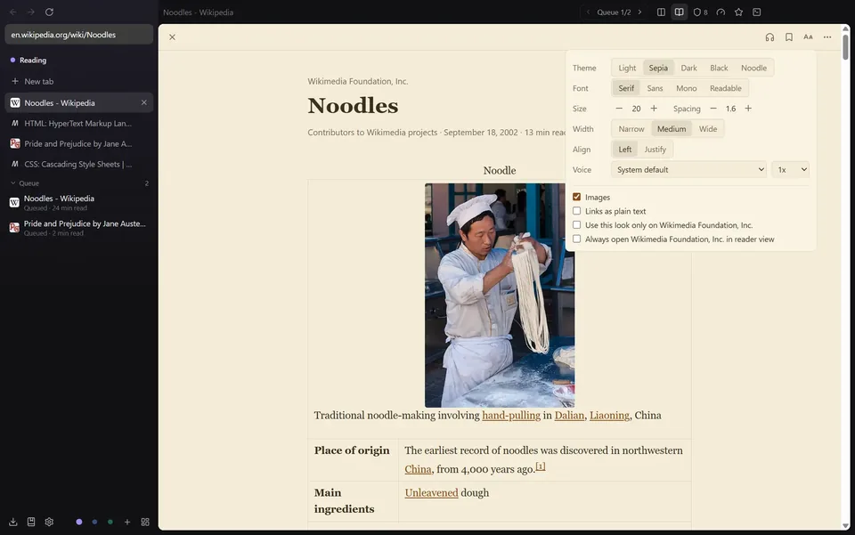 Reader view in the Sepia theme with the look panel open