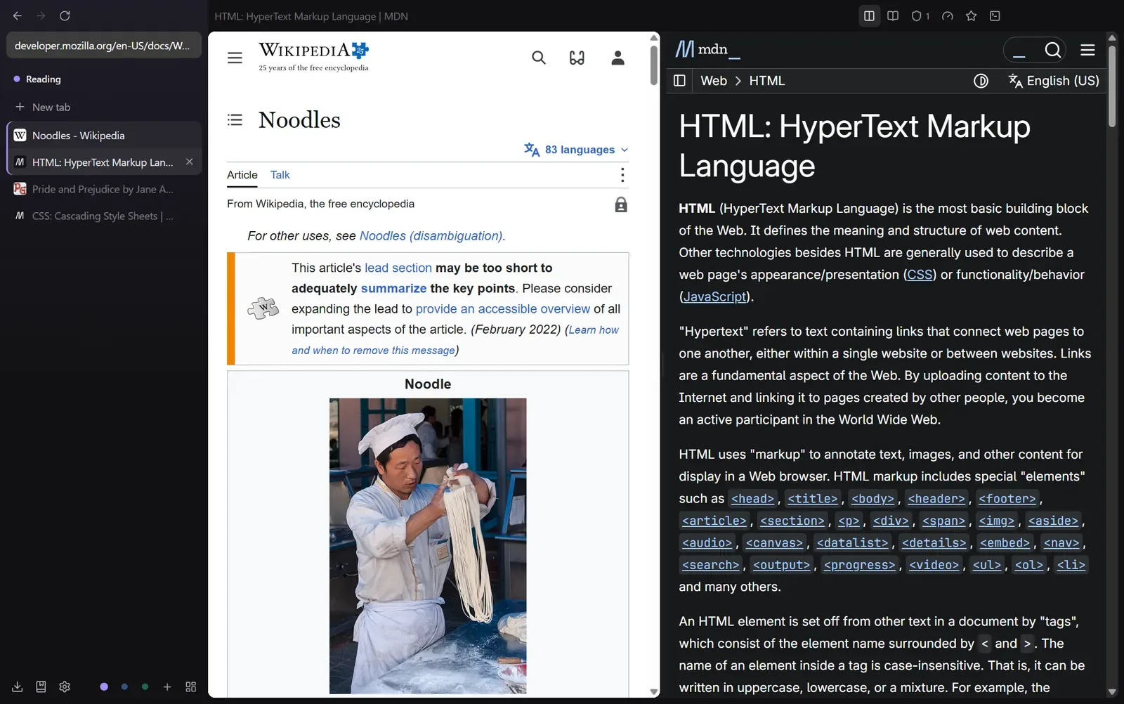 Wikipedia and MDN side by side in split view