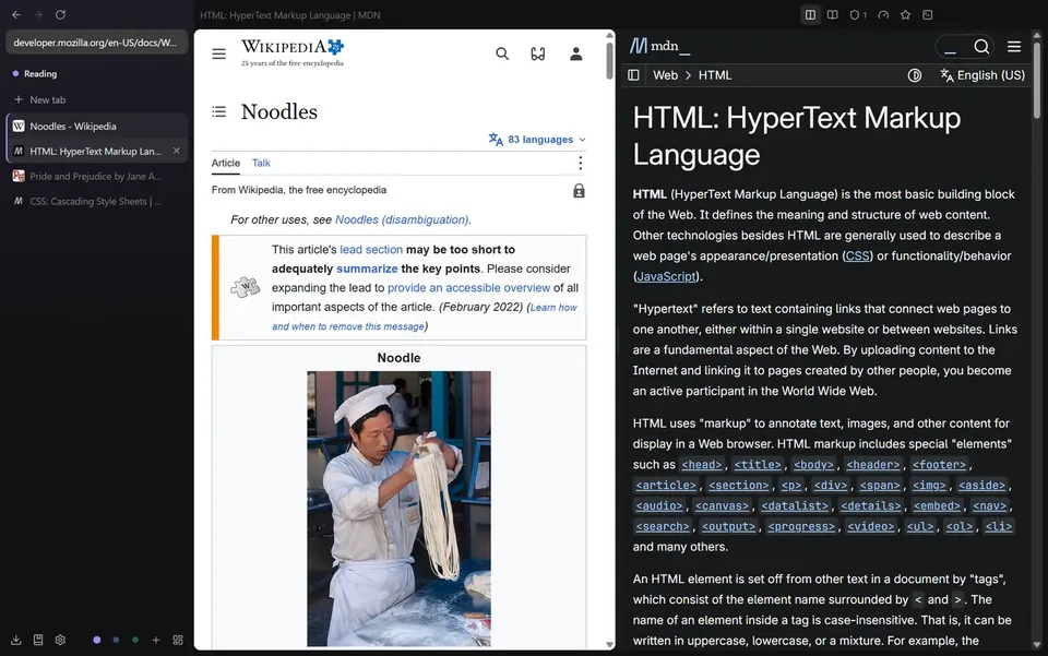 Wikipedia and MDN side by side in split view
