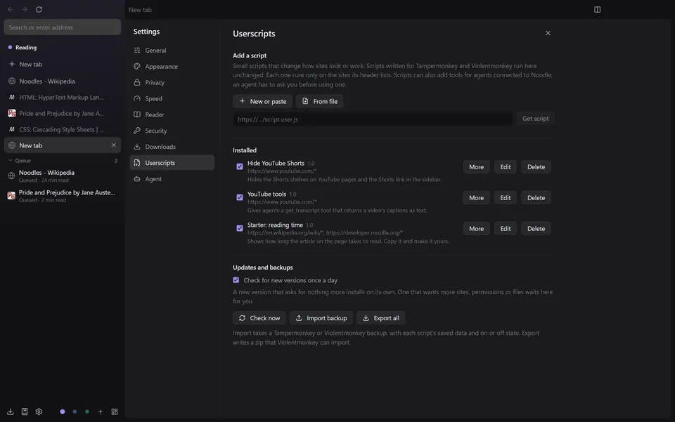 Settings, Userscripts, with three example scripts installed